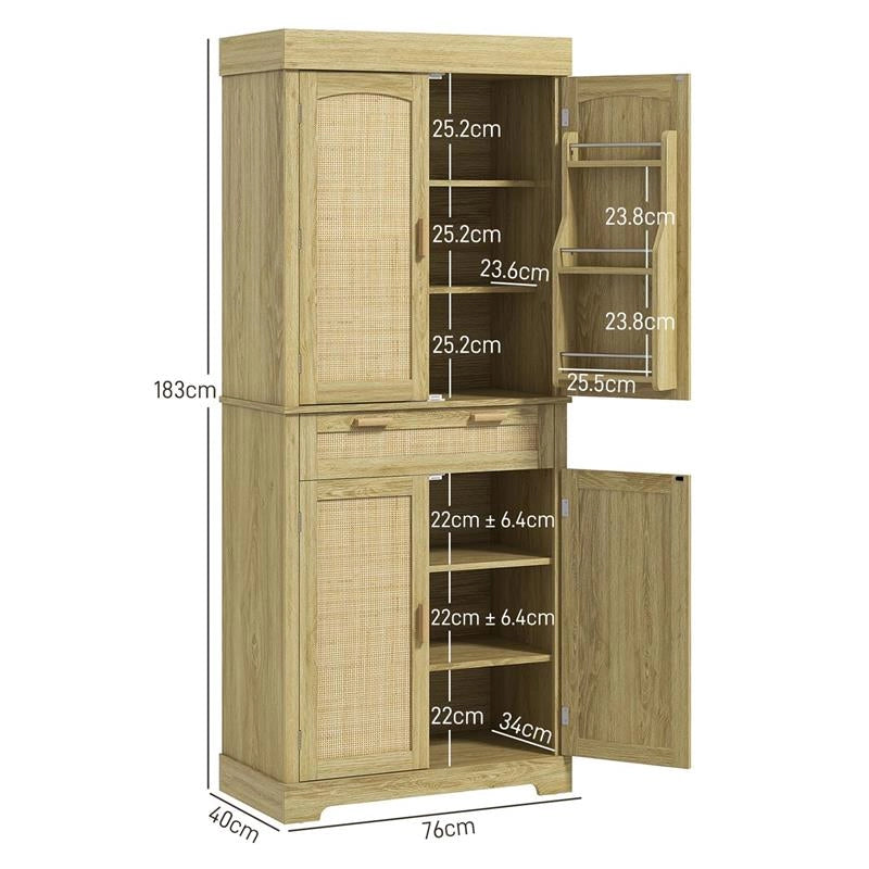 CREDENZA CUCINA STILE BOHO CON 2 ARMADIETTI, CASSETTO E PORTASPEZIE IN LEGNO E RATTAN, 76X40X183CM, ROVERE