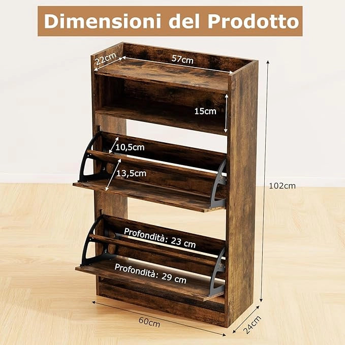 Scarpiera Slim in Legno, Portascarpe a 4 Livelli con 2 Cassetti a Ribalta, con Ripiano Aperto, Mobile Porta Scarpe per Ingresso Corridoio, 60x24x102 cm (Marrone)