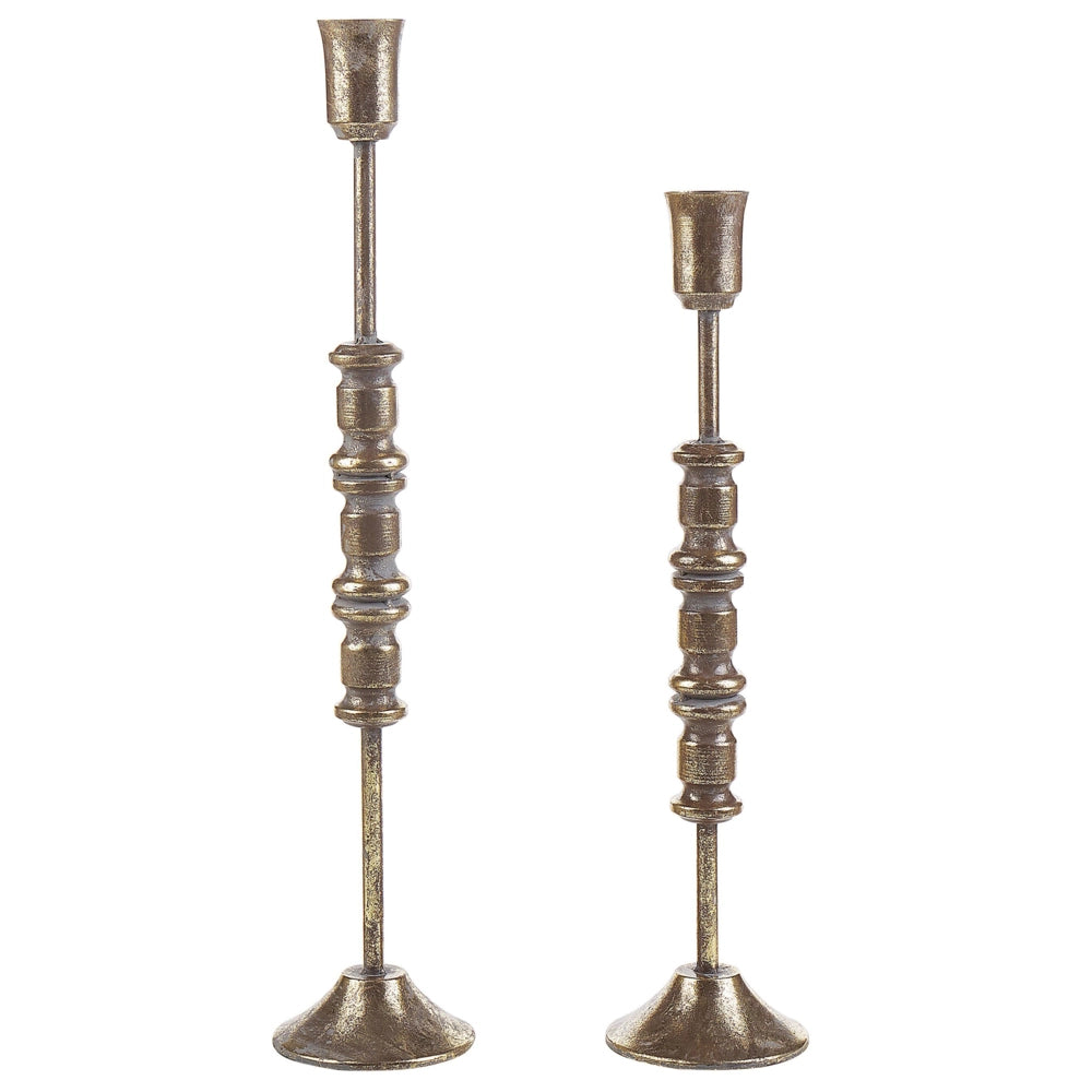 Set di 2 portacandele in metallo di colore dorato due misure candelieri classici stile tradizionale