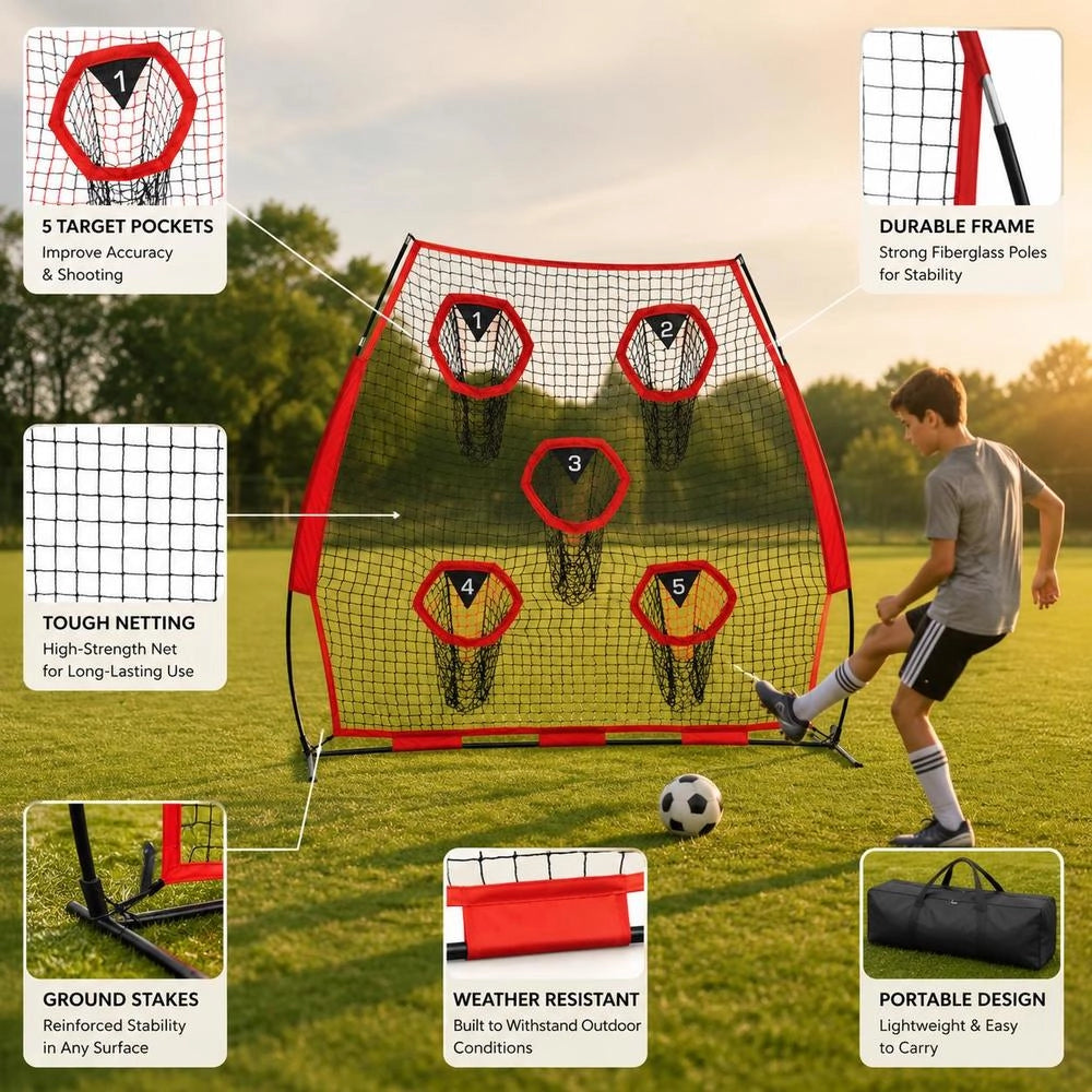 Training Net 2170x1255x2230 Mm For Soccer Rugby Baseball, 5 Pocket Targets Gear Bag Straps, Precision Speed Target Training