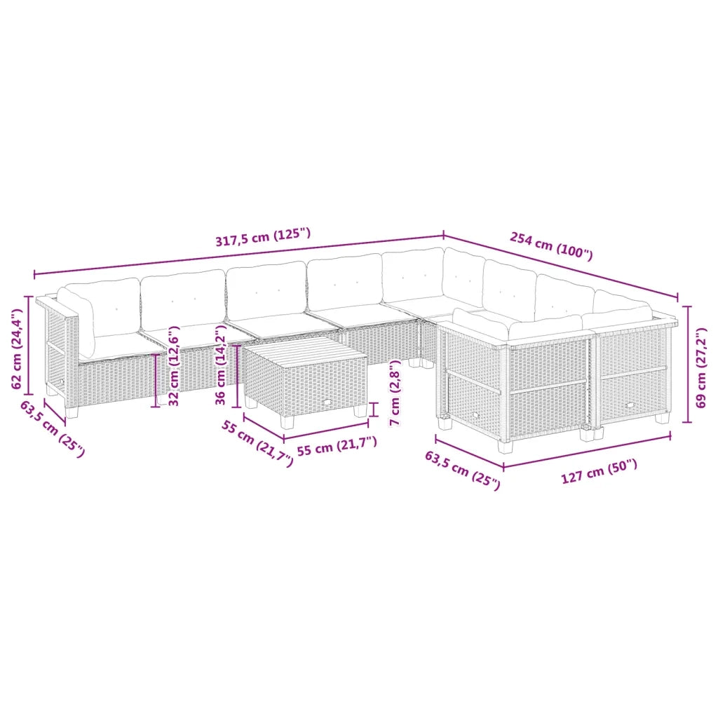 Set Divani da Giardino 10pz con Cuscini in Polyrattan Nero 3262007