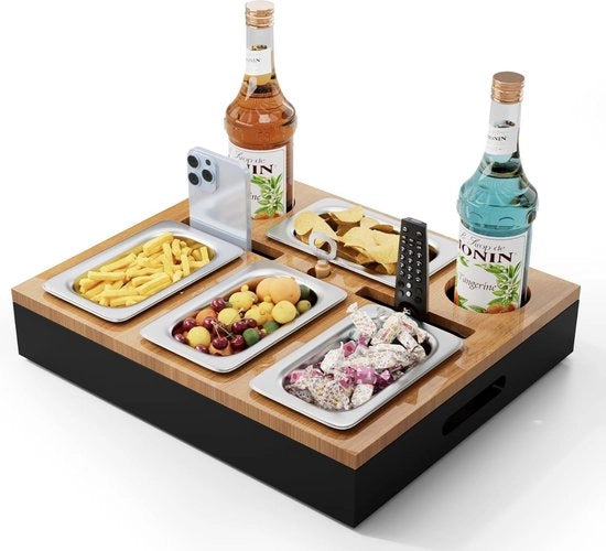 Tavolo da bere per uomini con due scodelle per snack e diverse cassettoni (quattro vasi in legno)