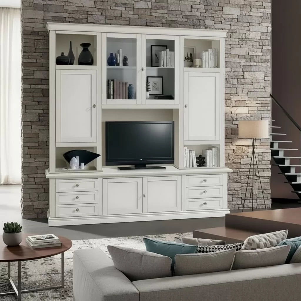 Parete attrezzata classica in legno bianco 200x50x227 - Mobili 2G