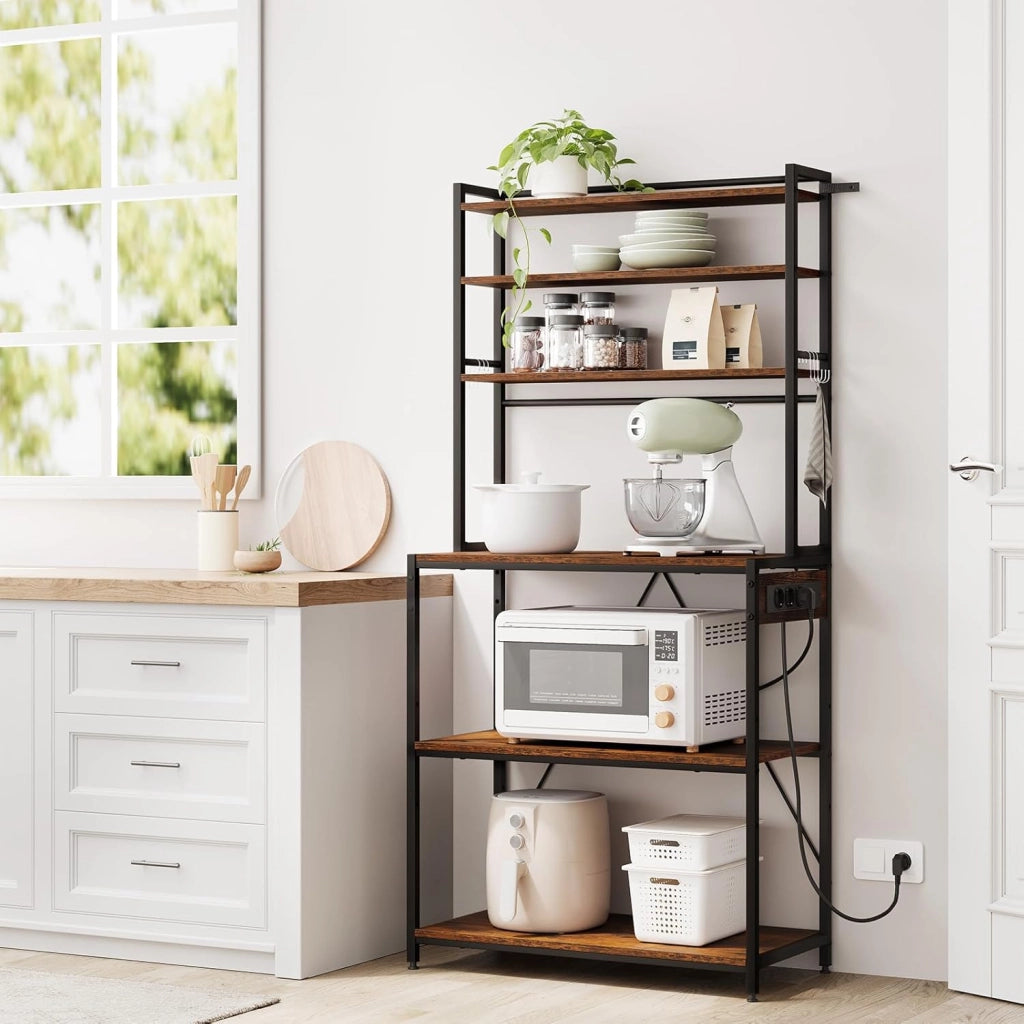 Scaffale da Cucina a 6 Livelli con Prese di Corrente, Scaffale per Microonde con Struttura in Metallo e Piano di Lavoro Aperto, Nero+Marrone Rustico, 80x39,5x167cm