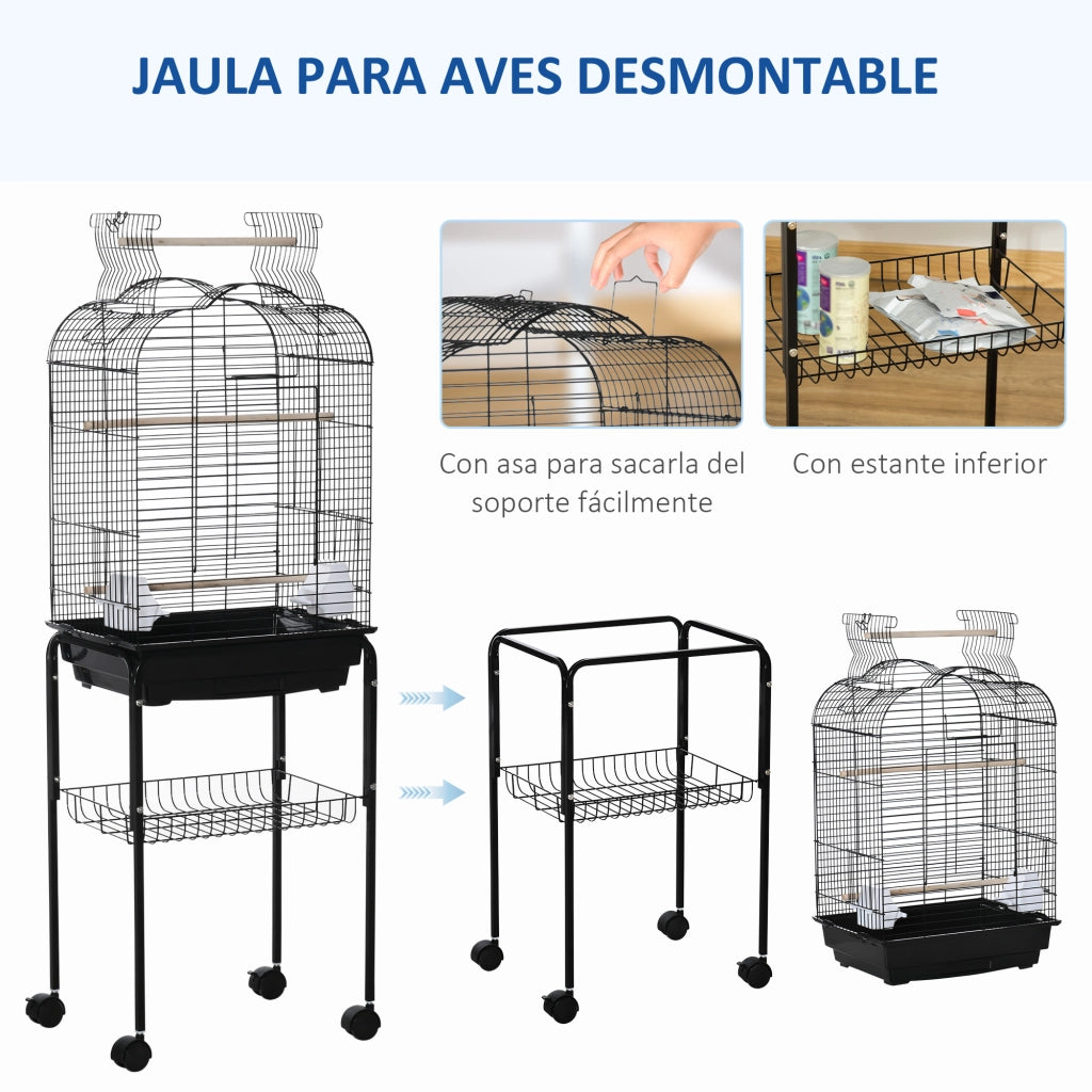 Gabbia per Uccelli con Supporto ¨C Xylo ¨C 4 Ruote, Tetto Apribile, 2 Mangiatoie, 3 Trespoli, 46x36x130 cm, Nero