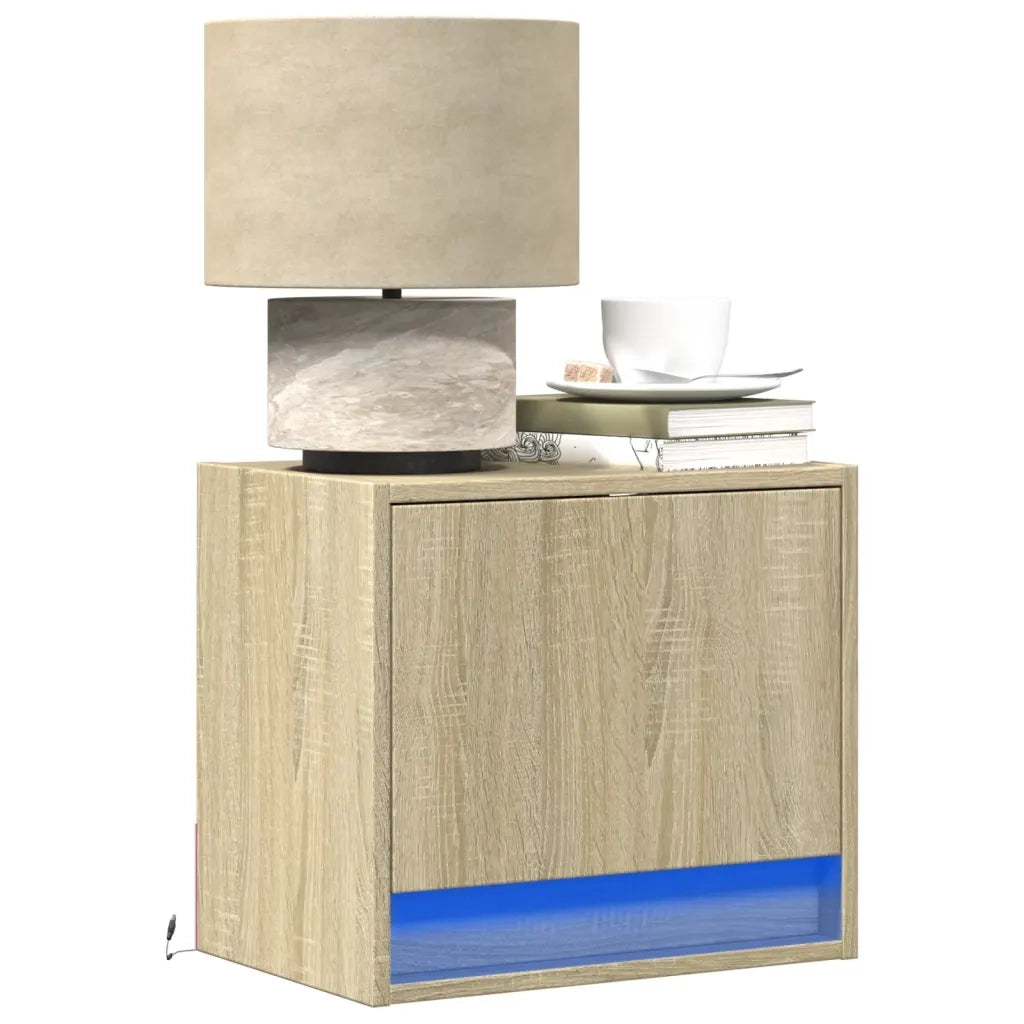 Comodini a Parete con luci LED 2 pz-Set di 2 Tavolino da notte Rovere Sonoma 577406