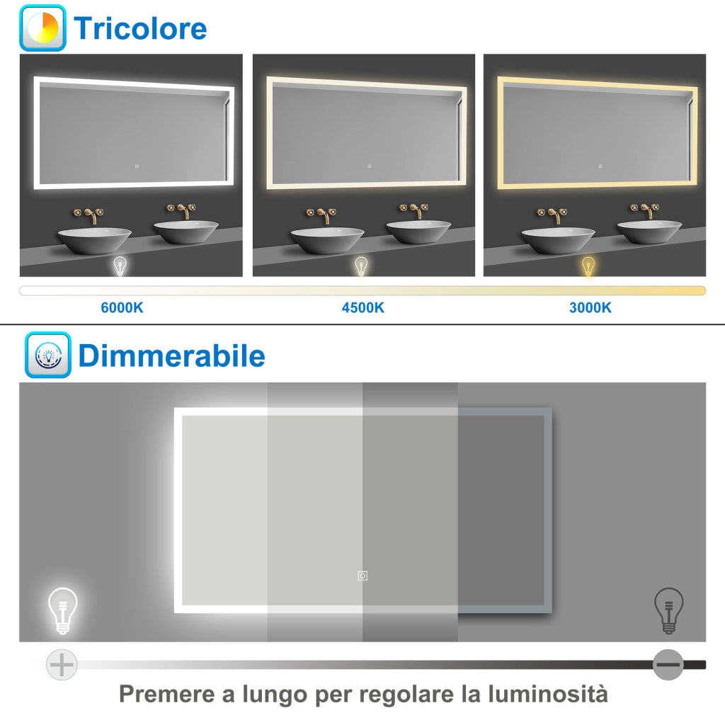 Aica LED Specchio da bagno 60×50 cm + luminosità regolabile a 3 colori + antiappannamento