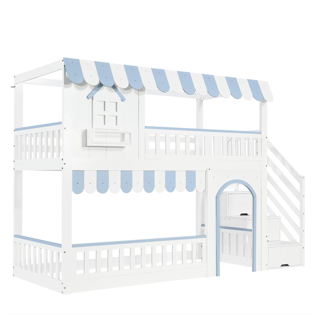Letto a Castello Bambini con Scala Contenitore ¨C MINIMAL ¨C Pino MDF, Bianco e Blu, 90x200