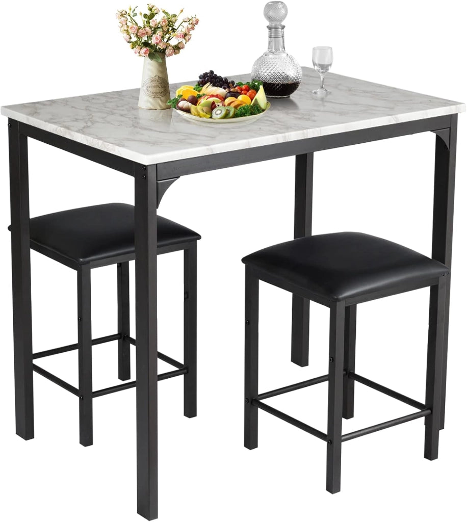 Tavolo Cucina con 2 Sgabelli, Tavolo Alto con 2 Sgabelli Senza Schienale in Similpelle da Cucina, Sala da Pranzo e Soggiorno, Tavolo Bar con Sgabelli Moderno per Spazi Piccoli (Nero)