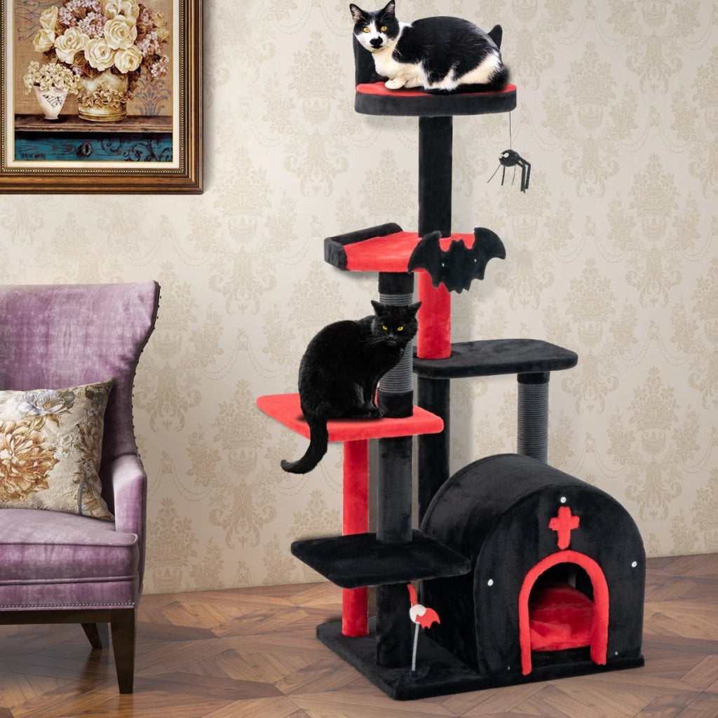 Tiragraffi con letto per gatti condominio ad arco di attivit¨¤ per gatti a 6 livelli-Albero per gatti gotico per gatti di halloween Nero e rosso