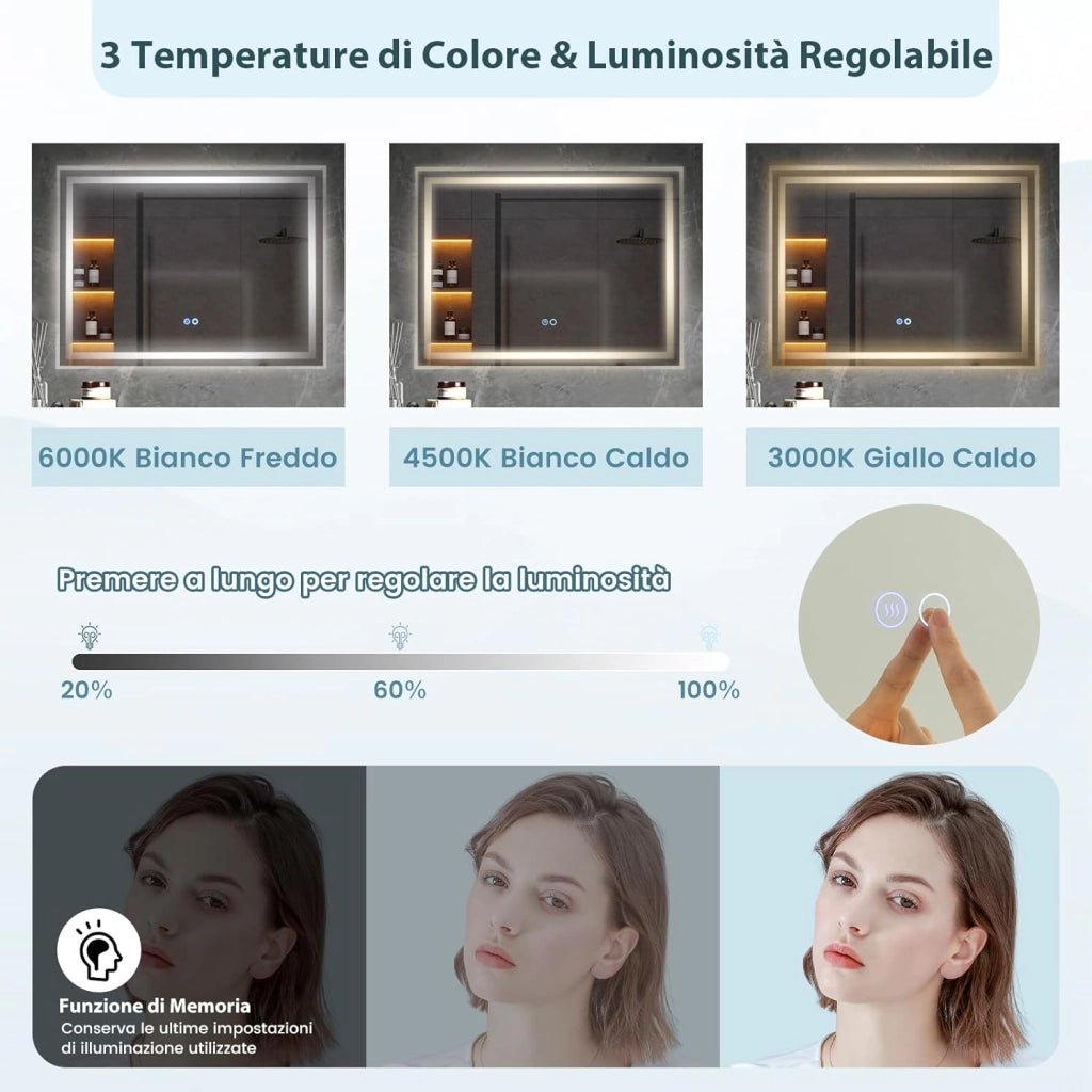 Specchio da Parete 80 x 60cm, Specchio da Bagno Rettangolare con Luce Led a 3 Colori, Interruttore Touch, Funzione Antivapore e Memoria, IP44