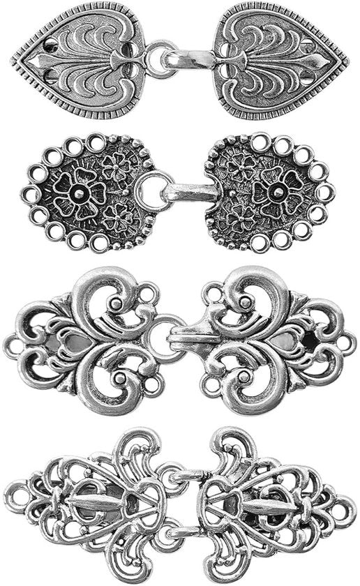 Fibbia per Capo in Stile Retro - 4 Pezzi - Dimensioni 6,3 x 2,9 cm / 5 x 2 cm - Per Gonne/Cardigan - Stile Vintage - Fibbie in Argento Antico