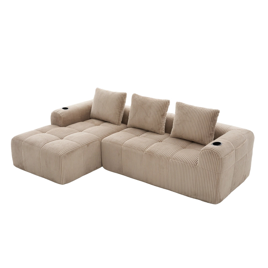Divano modulare in tessuto a coste con tasche laterali, portabicchieri e tre cuscini, khaki 253 × 158 × 61 cm