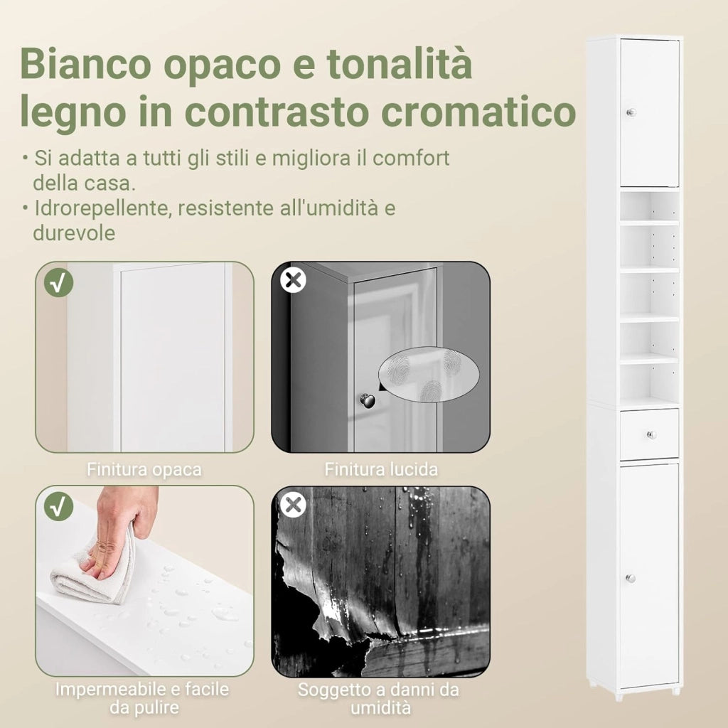 Mobile Bagno Alto e Stretto, Mobiletto Bagno Salvaspazio Mobiletto a Colonna da Terra con Ripiani Regolabili e Cassetto Armadietto per WC e Lavanderia 20×20×180 cm Bianco BZR34-II-W