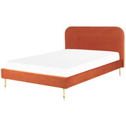 Letto arancione velluto tappezzeria doppia dimensione gambe dorate testiera con rete a doghe 140 x 200 cm design minimalista