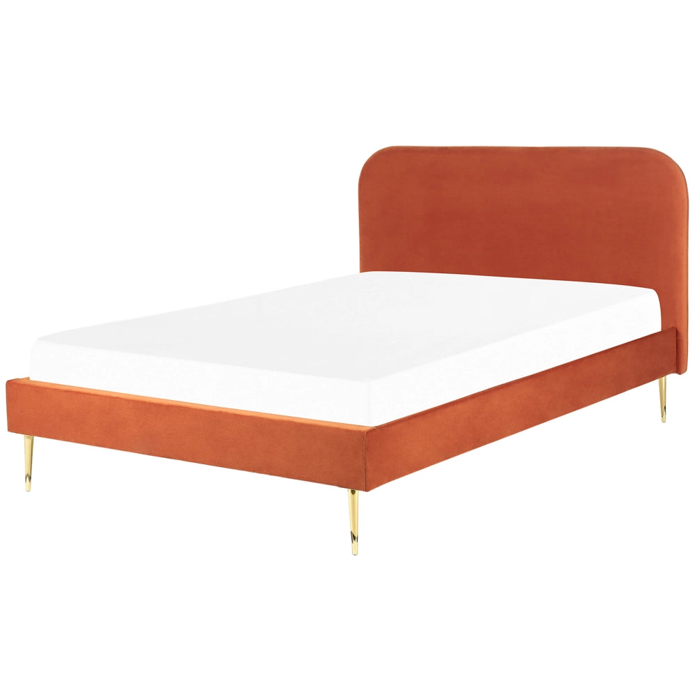 Letto arancione velluto tappezzeria doppia dimensione gambe dorate testiera con rete a doghe 140 x 200 cm design minimalista