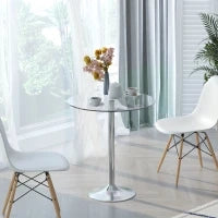 Tavolo da Pranzo Rotondo con Piano in Vetro, Telaio Metallico, Colore Argento