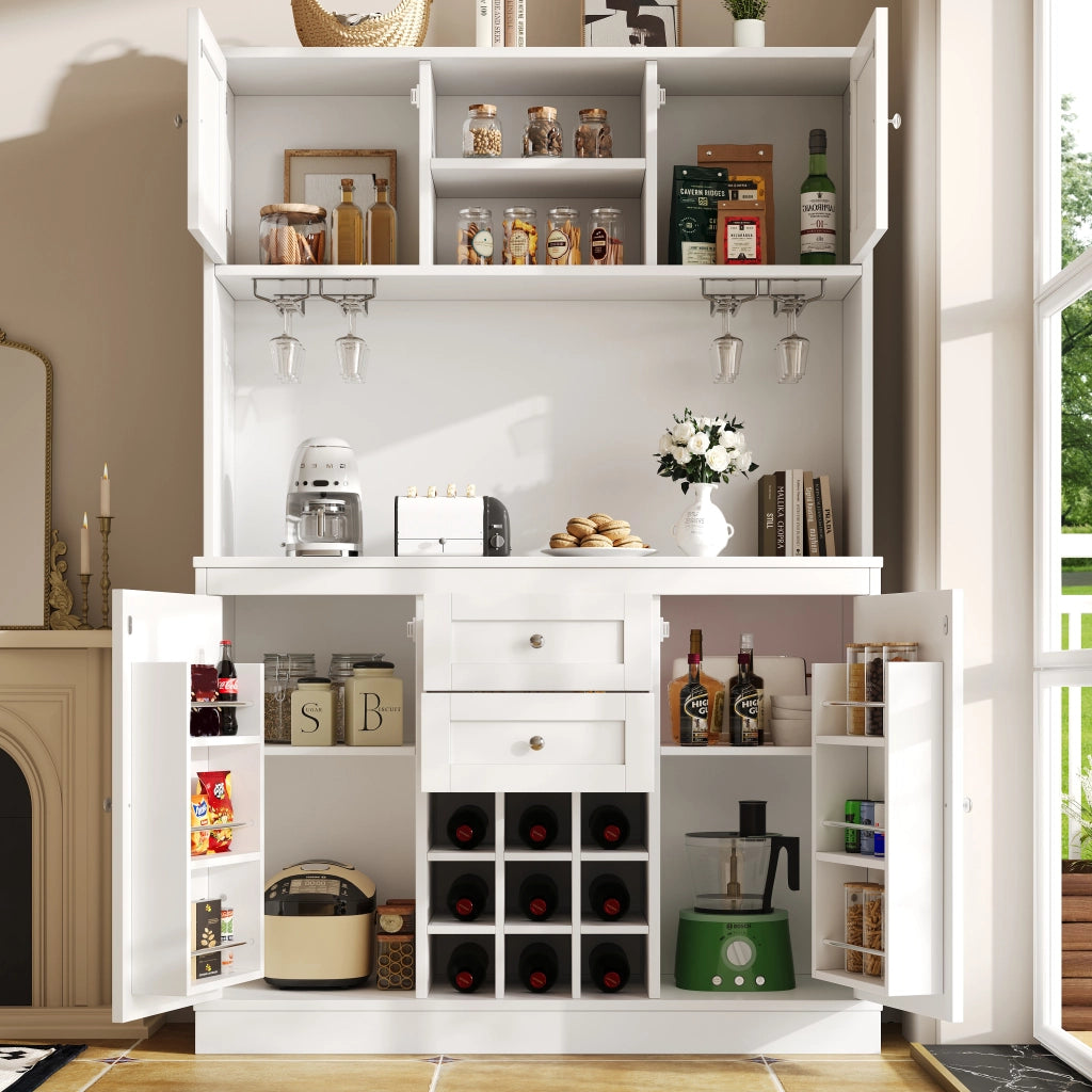 Credenza da Cucina Alta con 4 Ante; 2 Cassetti; Ripiani Regolabili e Portabottiglie; in MDF; 120x40x188 cm; Bianco