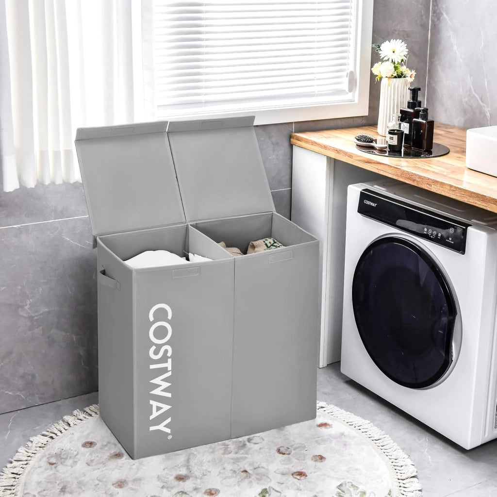 115 L Cesto Portabiancheria con Coperchio, Portabiancheria Sporca con 2 Scomparti e Maniglie, in Tessuto Non Tessuto, Ideale per Bagno Lavanderia, 62 x 31 x 60 cm (Grigio)