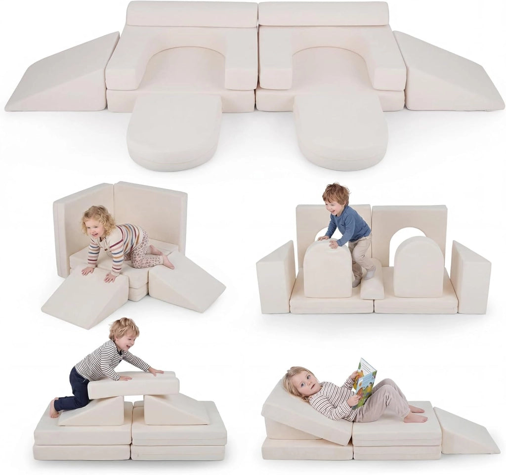 Divano da Gioco per Bambini Trasformabile, Poltrona Modulare a 10 Pezzi, Tessuto Suede e Schiuma ad Alta Elasticità, Divanetto per Bambini 3+ Anni, per Camerette, Soggiorno e Studio (Grigio)