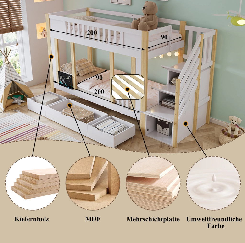 Letto a castello per bambini 90x200 cm con scala contenitore