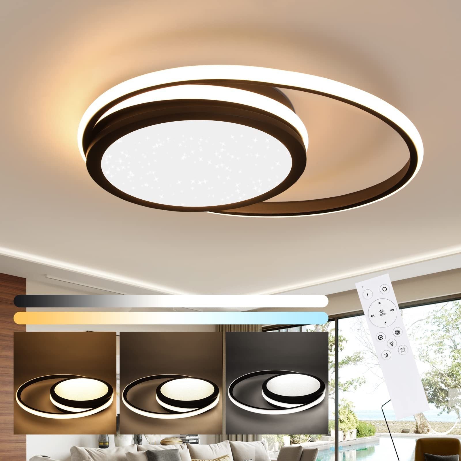 ZMH Lampada da soffitto plafoniera LED moderna 2 anelli 56W stella telecomando