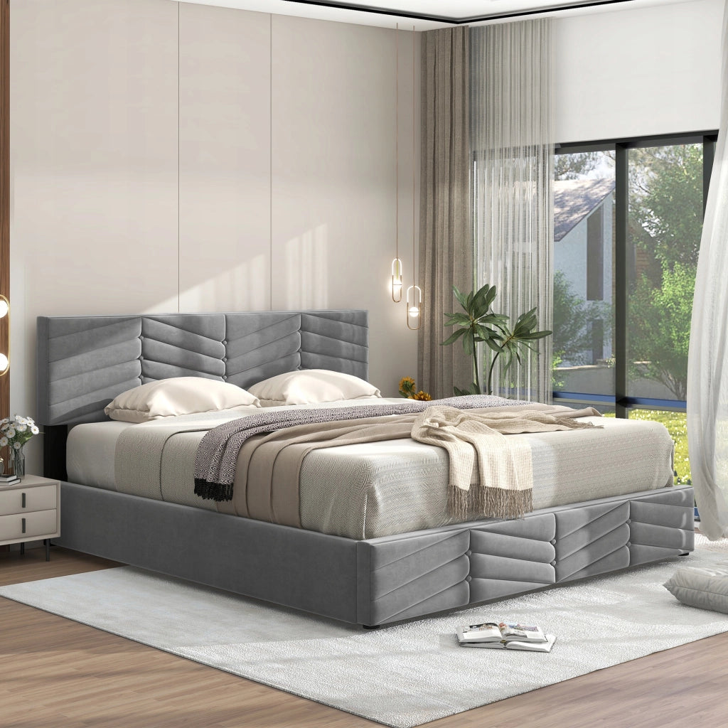 Letto imbottito 140x190 - Xylo - Grigio, velluto, meccanismo idraulico
