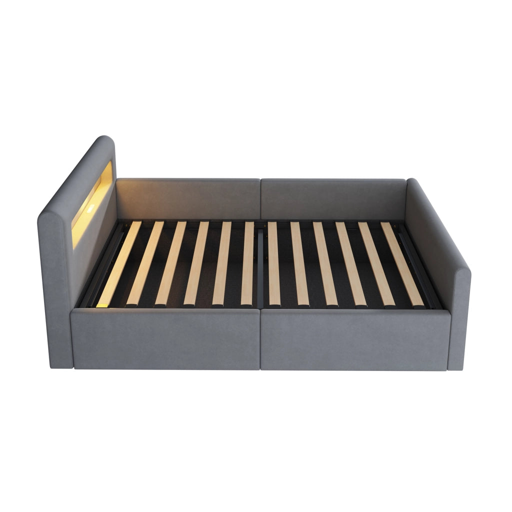 Divano letto contenitore 90x200 cm in velluto con LED; USB; USB-C e schienale reversibile; grigio chiaro