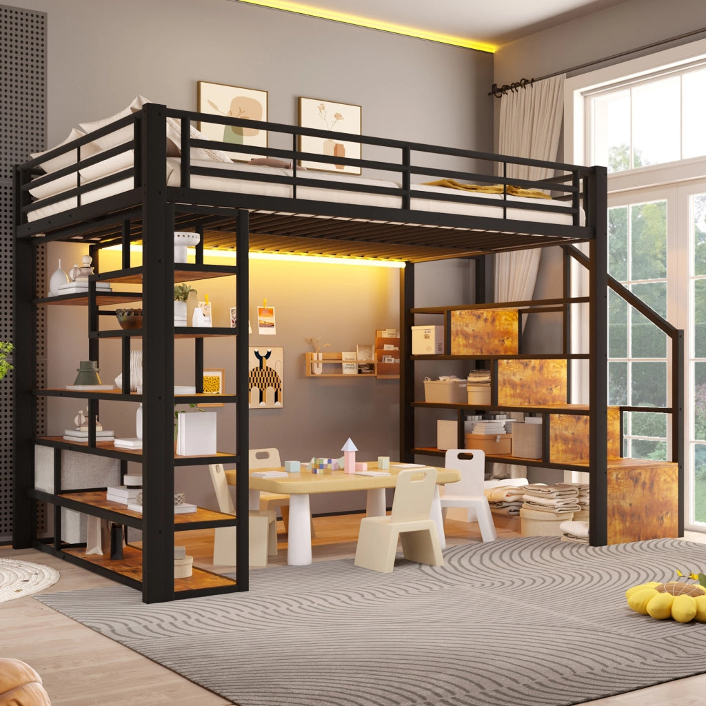 Letto a soppalco 140x200 cm con cassetti in tessuto; LED; ripiani e gradini integrati; metallo nero