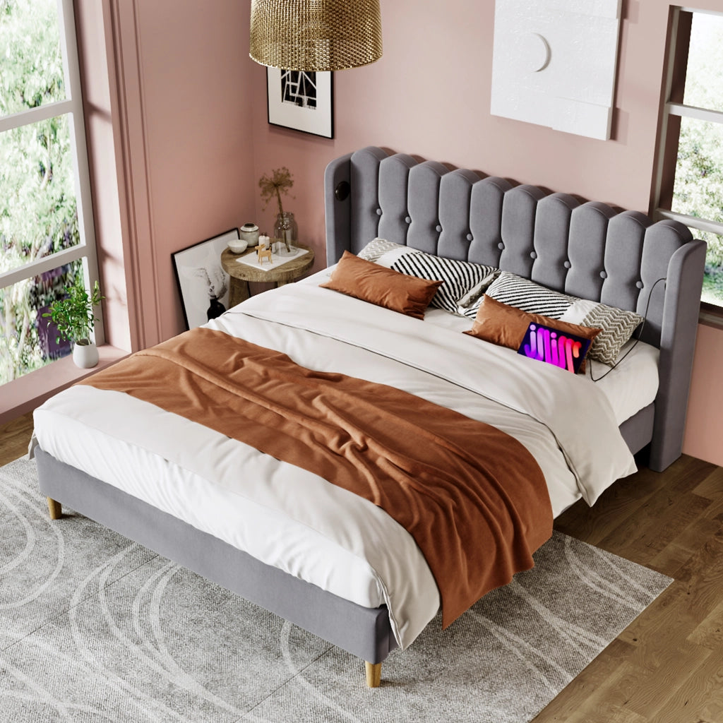 Letto imbottito 140x200 cm grigio con USB e USB-C