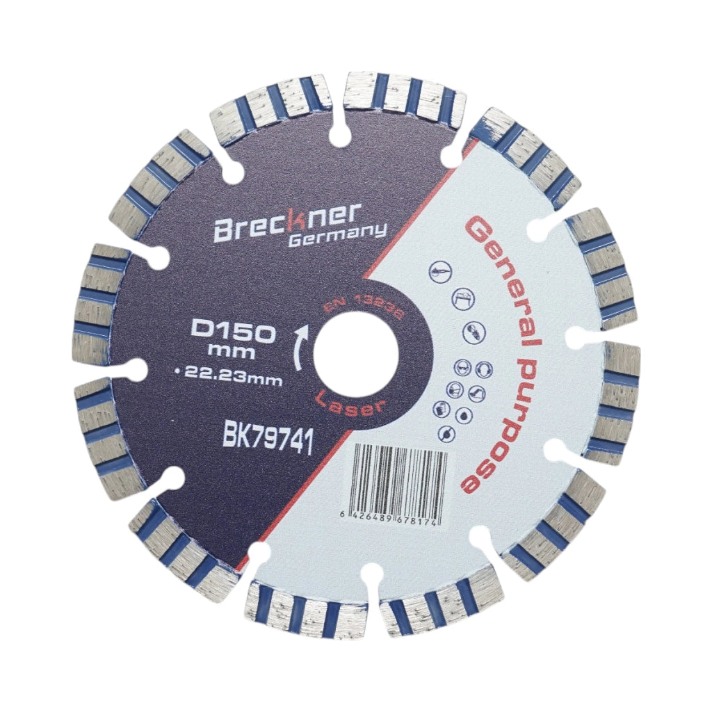 Disco diamantato turbo segmentato 150x22,23 mm, segmento 10 mm per cemento armato, pietra dura, autobloccanti Breckner Germany
