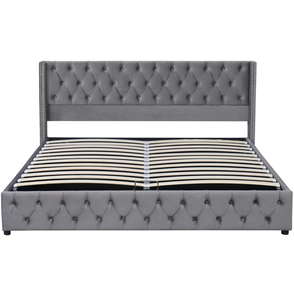 Letto imbottito 140x200 cm con contenitore; rete a doghe; velluto grigio