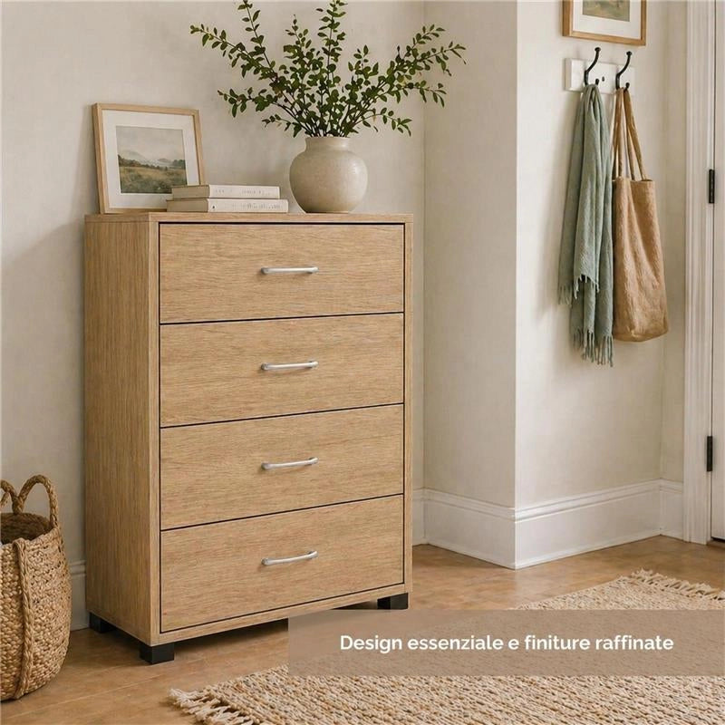 CASSETTIERA IN LEGNO CON QUATTRO CASSETTI COLORE ROVERE DIMENSIONI 50X40X83 CM