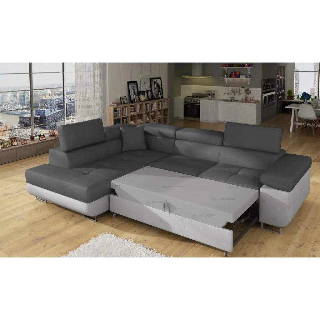 Divano ad angolo convertibile MENTON grigio e bianco bouclé – Angolo sinistro con vano contenitore