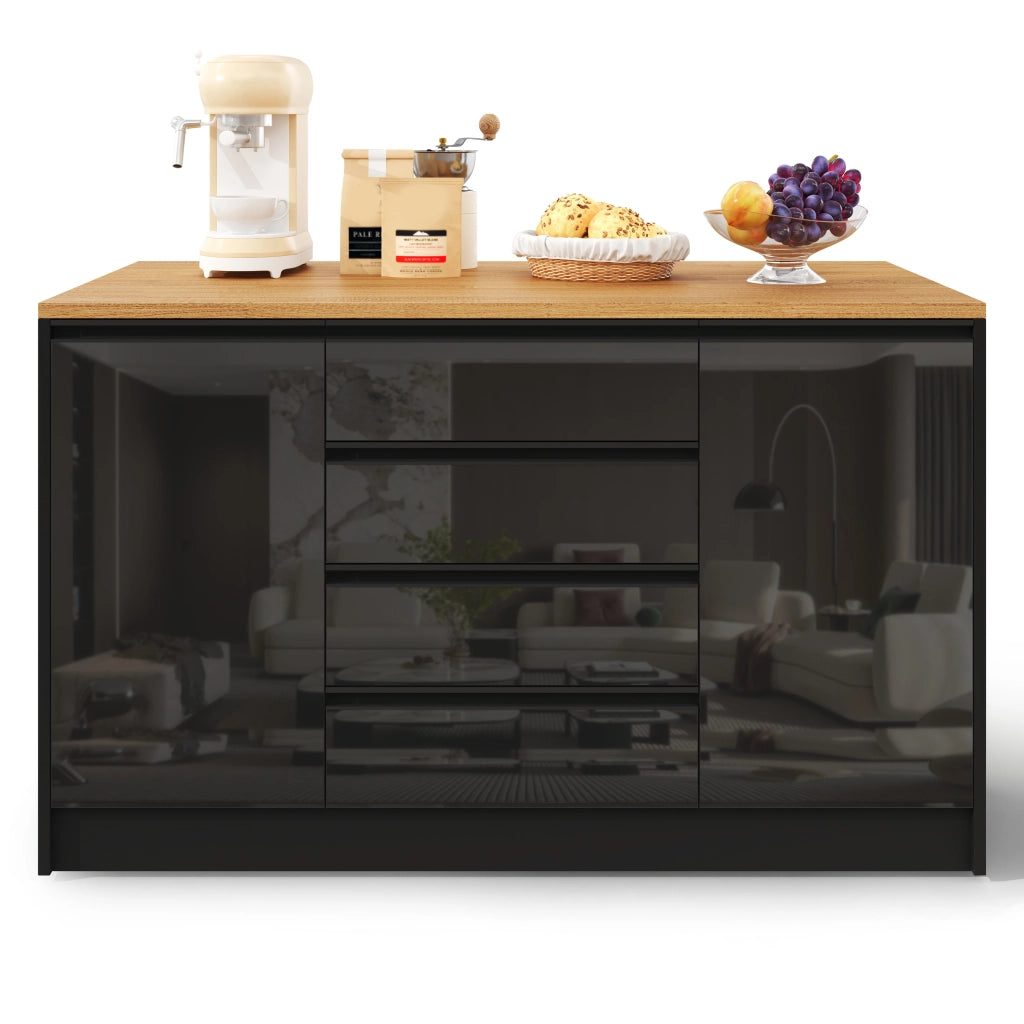 Isola Cucina con Piano Allungabile ¨C MINIMAL ¨C 4 Cassetti, 2 Ante, Nero, Effetto Legno, 140 cm