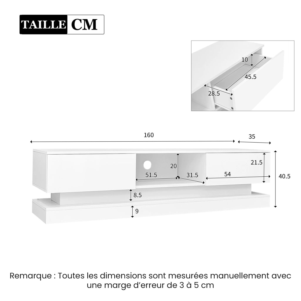 Mobile TV con 2 Cassetti e LED Controllati da App; Bianco Lucido; Soggiorno; 160¡Á35¡Á40;5 cm; in Truciolare