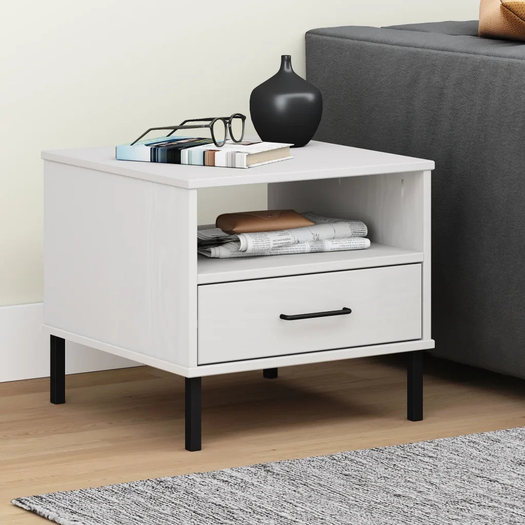 Comodino | Armadio da Notte | Mobiletto da notte con Gambe in Metallo Bianco Legno Massello Pino OSLO