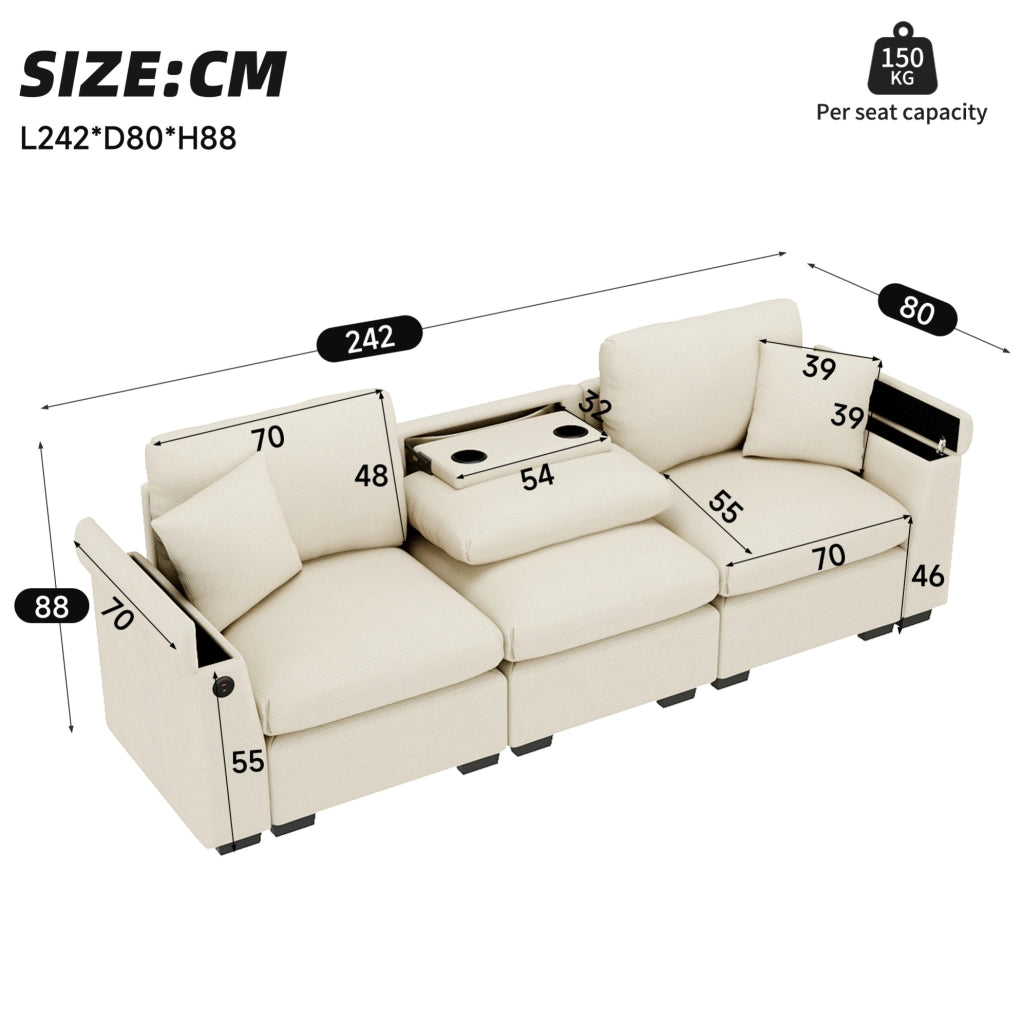 Divano modulare a 3 posti in chenille con USB; tavolino ribaltabile e portabevande; beige