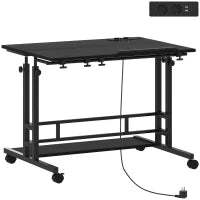 Scrivania con Altezza Regolabile, con Ruote, Prese e Porte USB, 80x60 cm, Nero