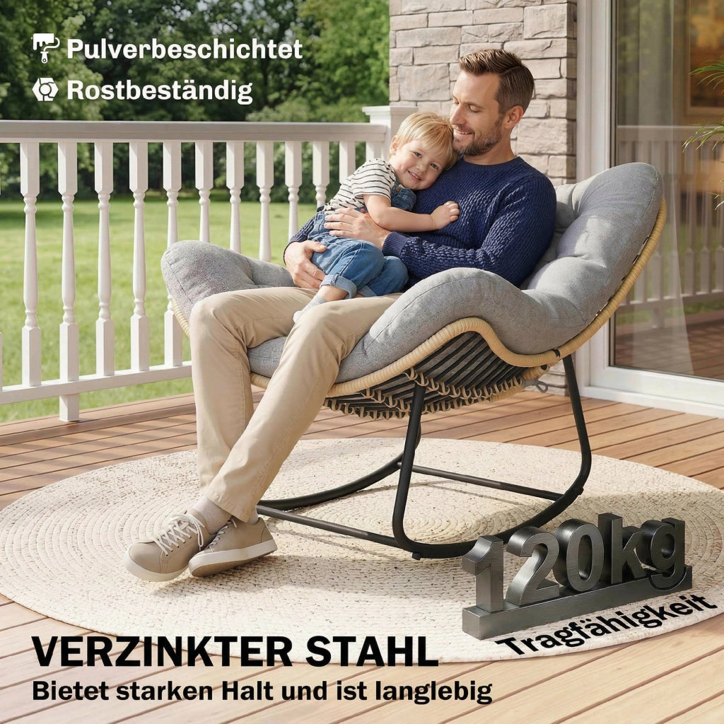 Poltrona a dondolo rattan con cuscini spessi ¨C zephmum ¨C grigio 87x110x70 cm