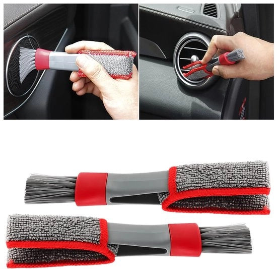 Set di spazzole auto reinificanti 2 in 1, 2-pack, spazzola auto portatile per la pulizia dei sedili e dei ventilatori dell'abitacolo (rosso/grigio)