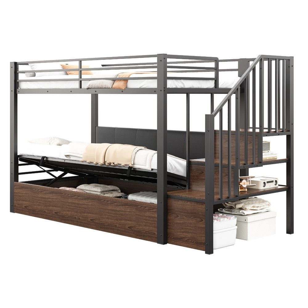 Letto a Soppalco in Metallo con Scala e Testiera Imbottita ¨C Xylo ¨C Nero 90x200