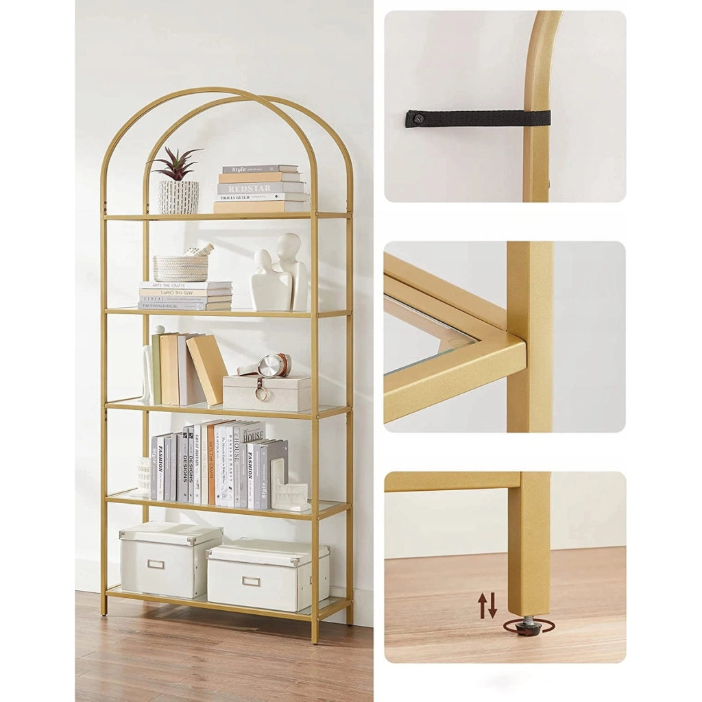 Libreria ad arco in vetro e metallo dorato con 5 ripiani