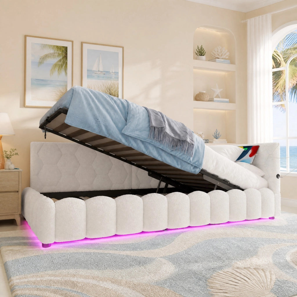 Letto daybed 90x200 cm con rete a doghe, contenitore idraulico, LED, USB e Type-C, senza materasso, bianco