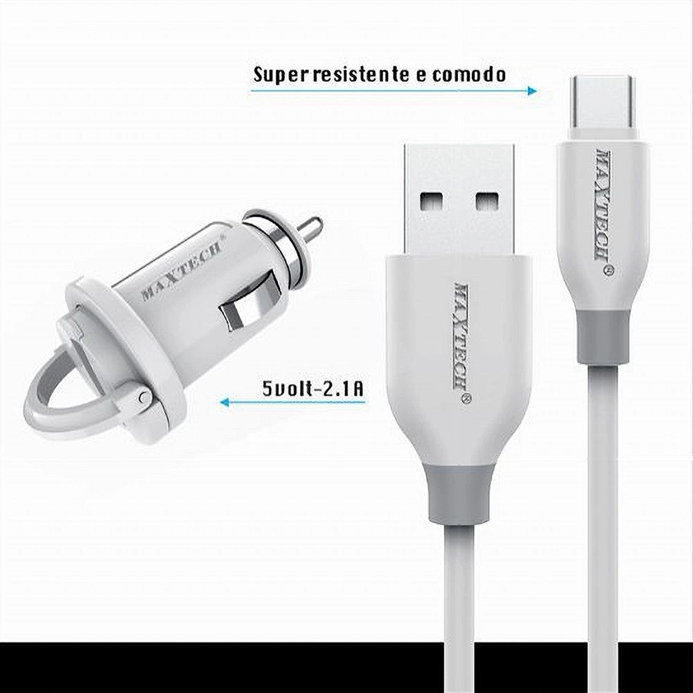 Trade Shop - Kit Caricabatteria Auto 5v-2.1a Cavo Type-c Usb 1mt Ricarica 10w Maxtech Ma-tc02 -