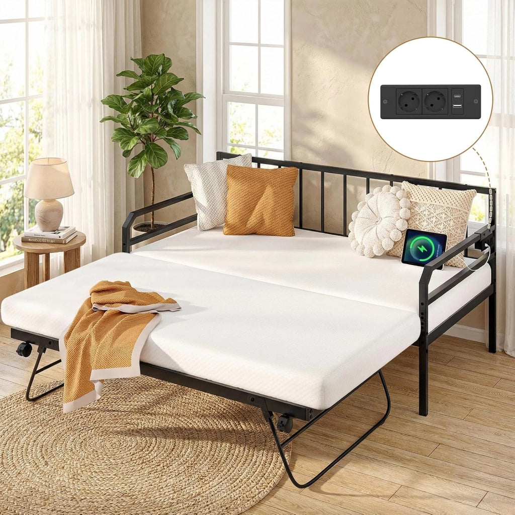 Letto Estraibile, Divano Letto Singolo con Luci LED e Stazione di Ricarica, Lettino Matrimoniale con Struttura in Metallo, 2 Pz 90x200 cm, per Soggiorno e Camera da Letto (Nero)