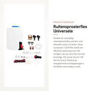Ruitensproeier universale - Tankezza 12V - Bottiglia 1,2 L - Fermo montaggio - Accessori completi - Sistema rientro acqua
