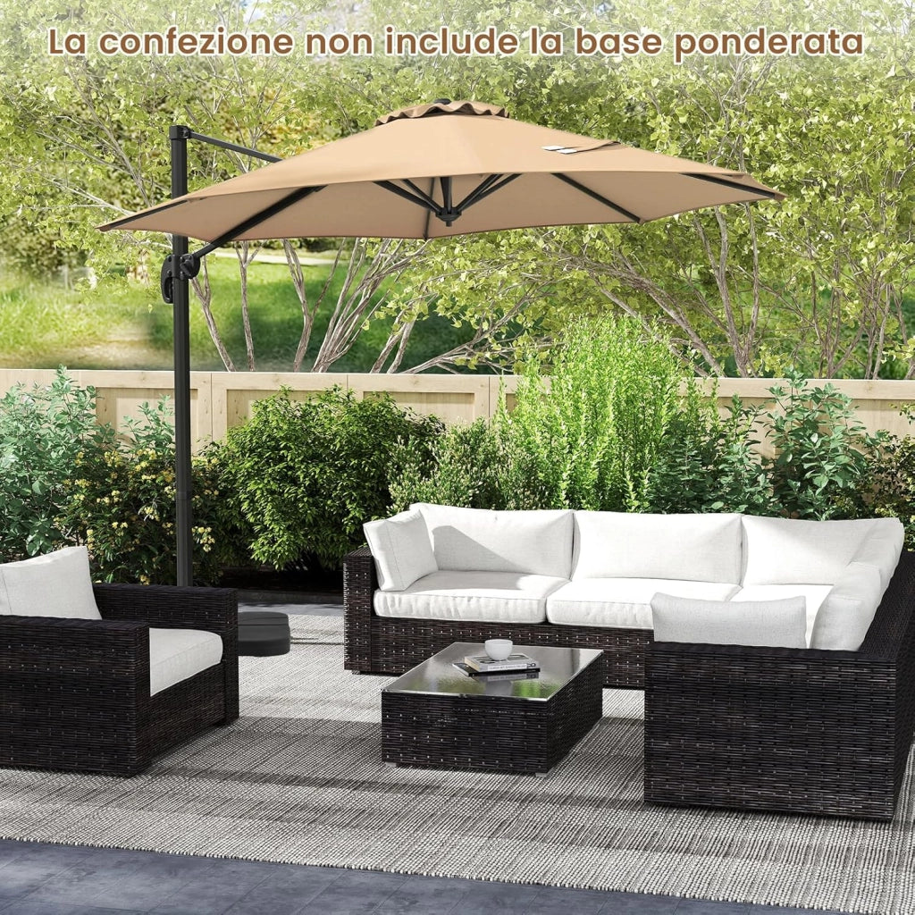 Ombrellone a Cantilever da Giardino 294 cm, Rotazione 360° e 5 Angoli Regolabili, 8 Stecche Base a Croce, Impermeabile, per Cortile Piscina Esterno (Beige)