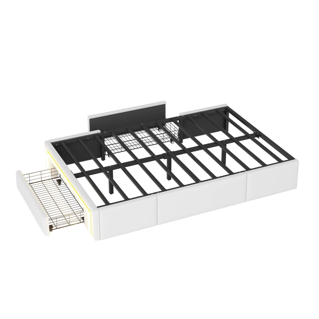 LETTO 90x200 cm senza testiera con cassetti, LED, PU bianco