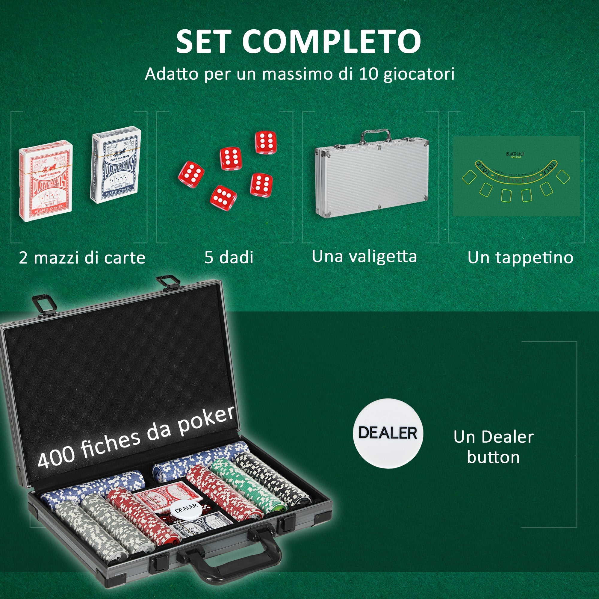 Set 400 Fiches da Poker 2 Mazzi di Carte 5 Dadi Tappetino e Valigetta Grigia